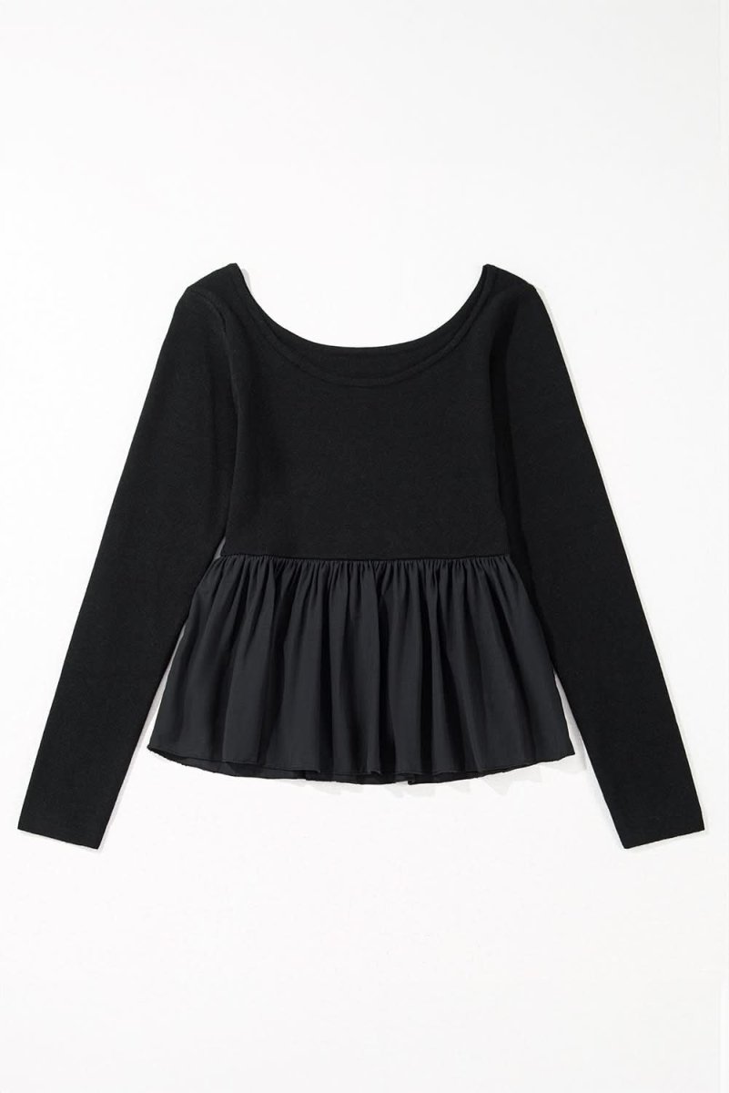 Black Ribbed Knit Long Sleeve Scoop Neck Peplum Patchwork Top - Love Salve